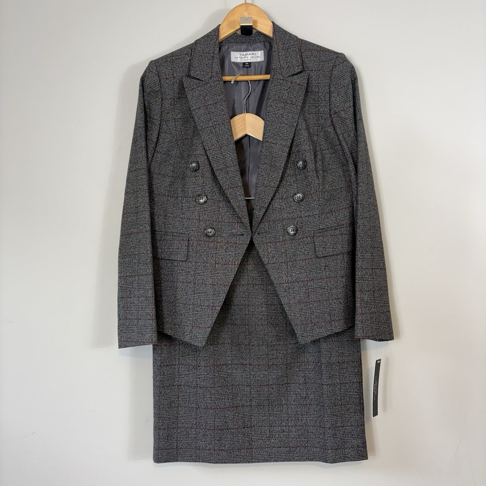 NWT Tahari ASL Plaid Double Breasted Tweed Skirt Suit Sz 4P Gray Windowpane‎ New